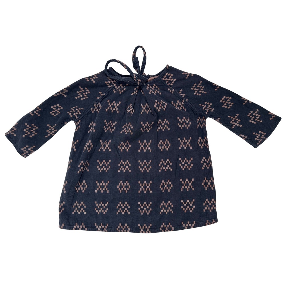 Ace & Jig Womens Black Tan Geometric Jacquard Tie Neck 3/4 Sleeve Blouse Top S/M
